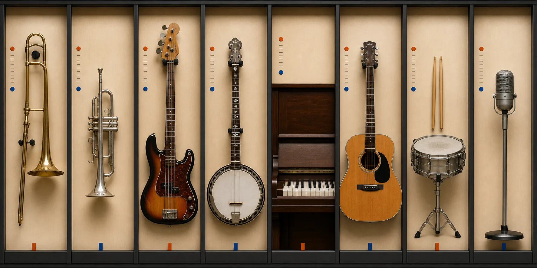 Trombone, trumpet, bass, banjo, piano, guitar, drums and microphone displayed in museum bays