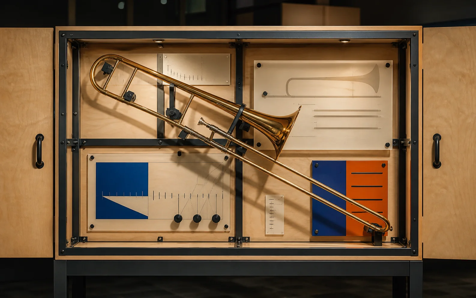 Brass trombone mounted in a birch and powder-coated steel exhibit cabinet