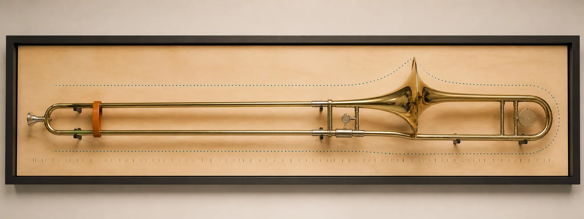 A full-width brass trombone on a birch measurement bench with a rubber slide collar
